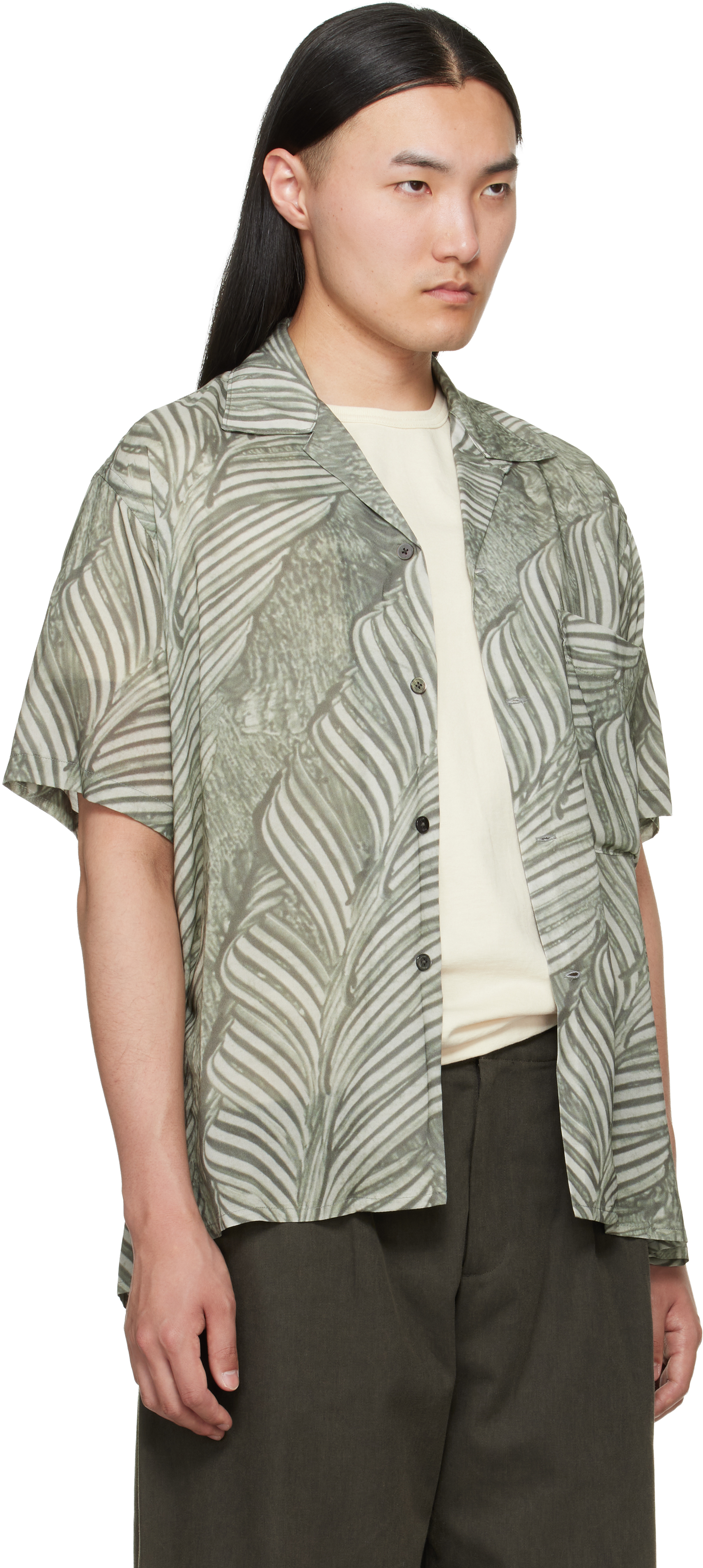 Green Leaf Pattern Printed Rayon Open Collar Shirt