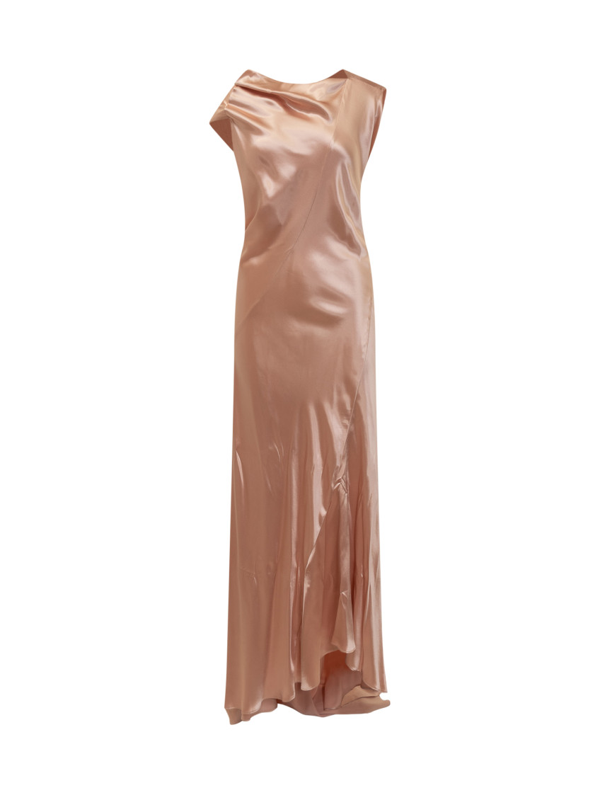 Pink Long Dress With Draped Details In Shiny Satin Woman