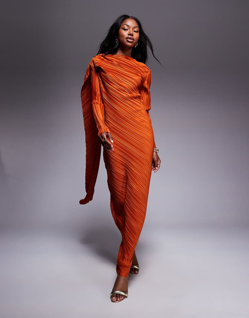 Plisse long sleeve drape detail maxi dress in burnt orange
