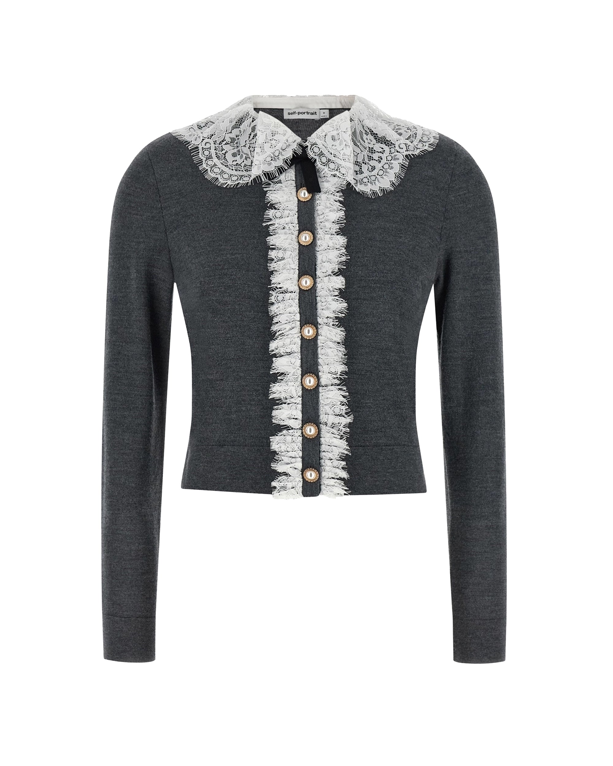 Lace-Collar Merino Wool Cardigan — Gray