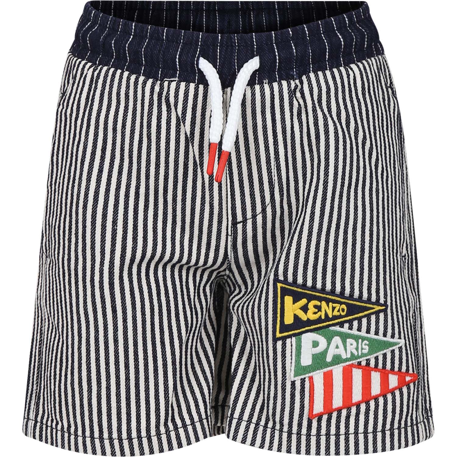 Logo-appliqué striped cotton shorts - Blue