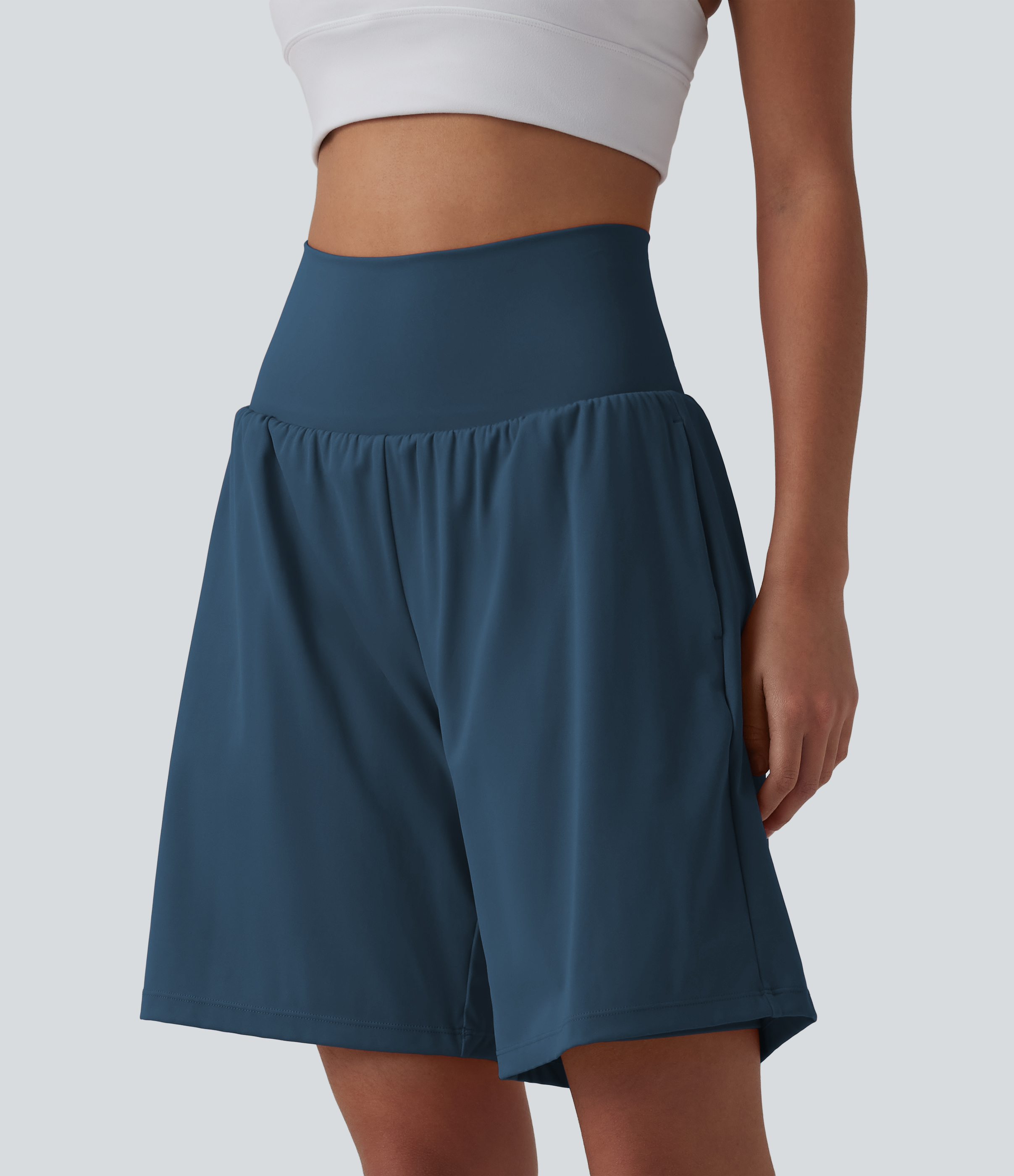 "SoftlyZero™ Airy Super High Waisted 2-in-1 Cool Touch Yoga Shorts 9"" with Pockets Gym Short - Majolica Blue