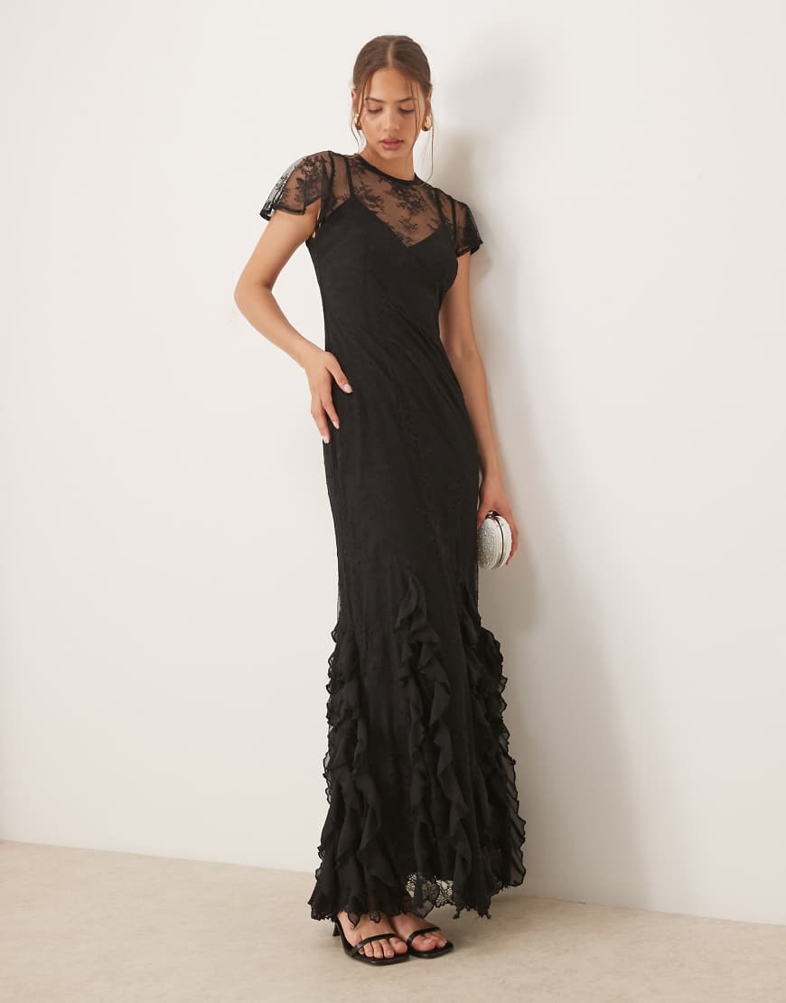 Flutter sleeve lace maxi dress in black