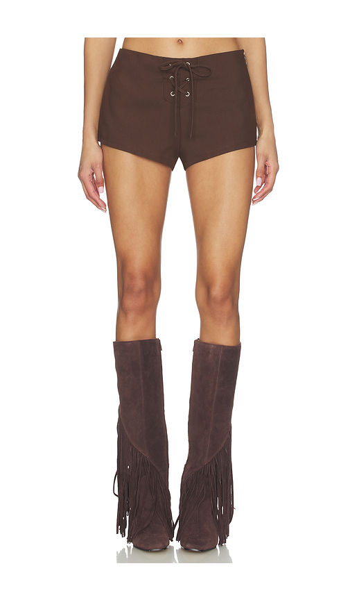 BY.DYLN Mila Micro Short in Chocolate. L. Also in M, S