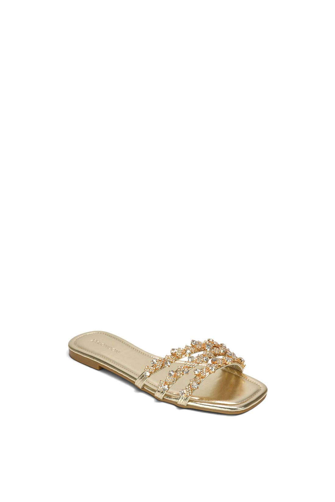 XY London Women's 'Hazel' Flat Diamante Slider Sandals w/ Square Toe in Metallic Gold