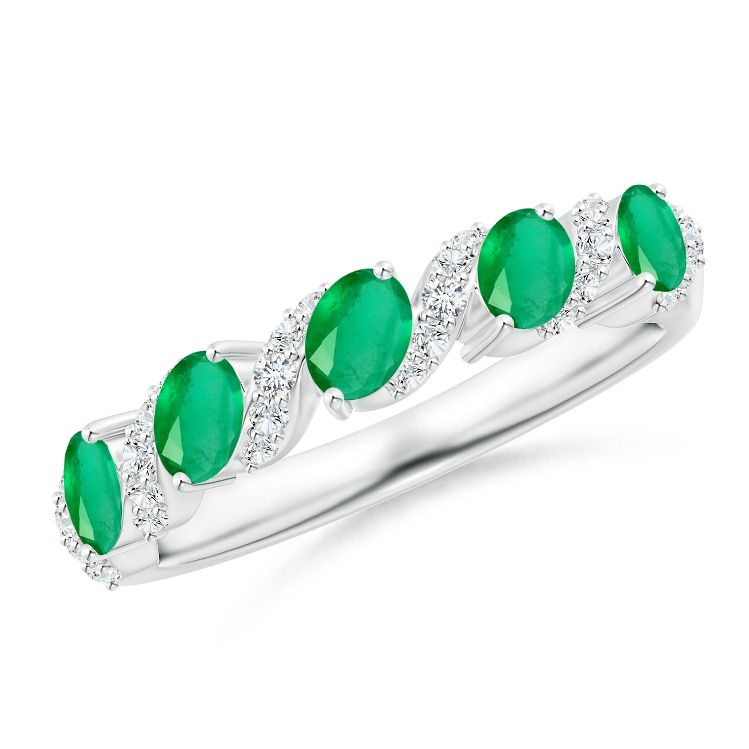 Angara 0.6 Carat Five Stone Oval Emerald Swirl Ring with Diamonds in 18K White Gold