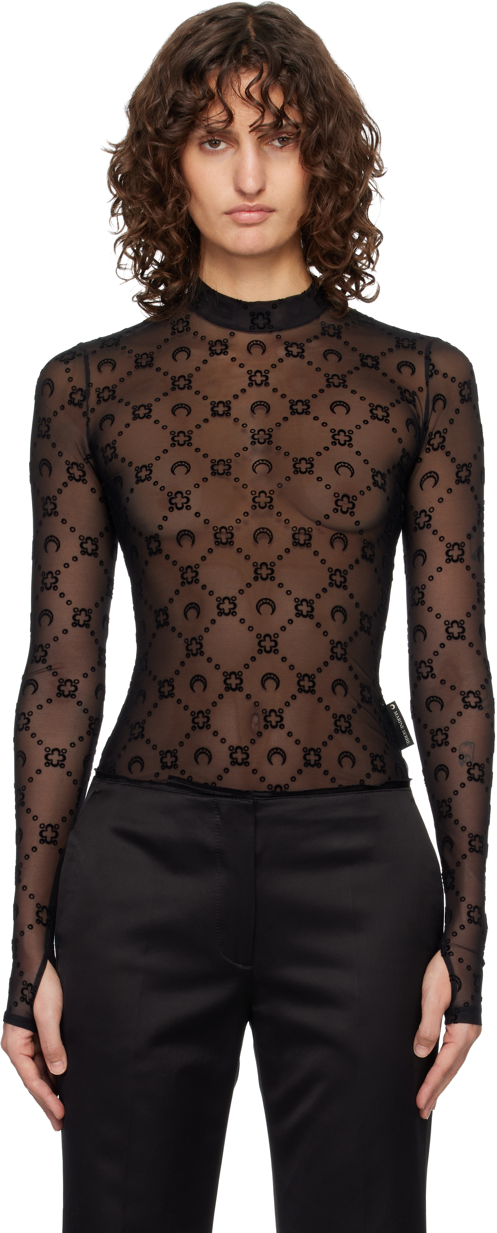 Black Moonogram Mesh Flock Second Skin Top
