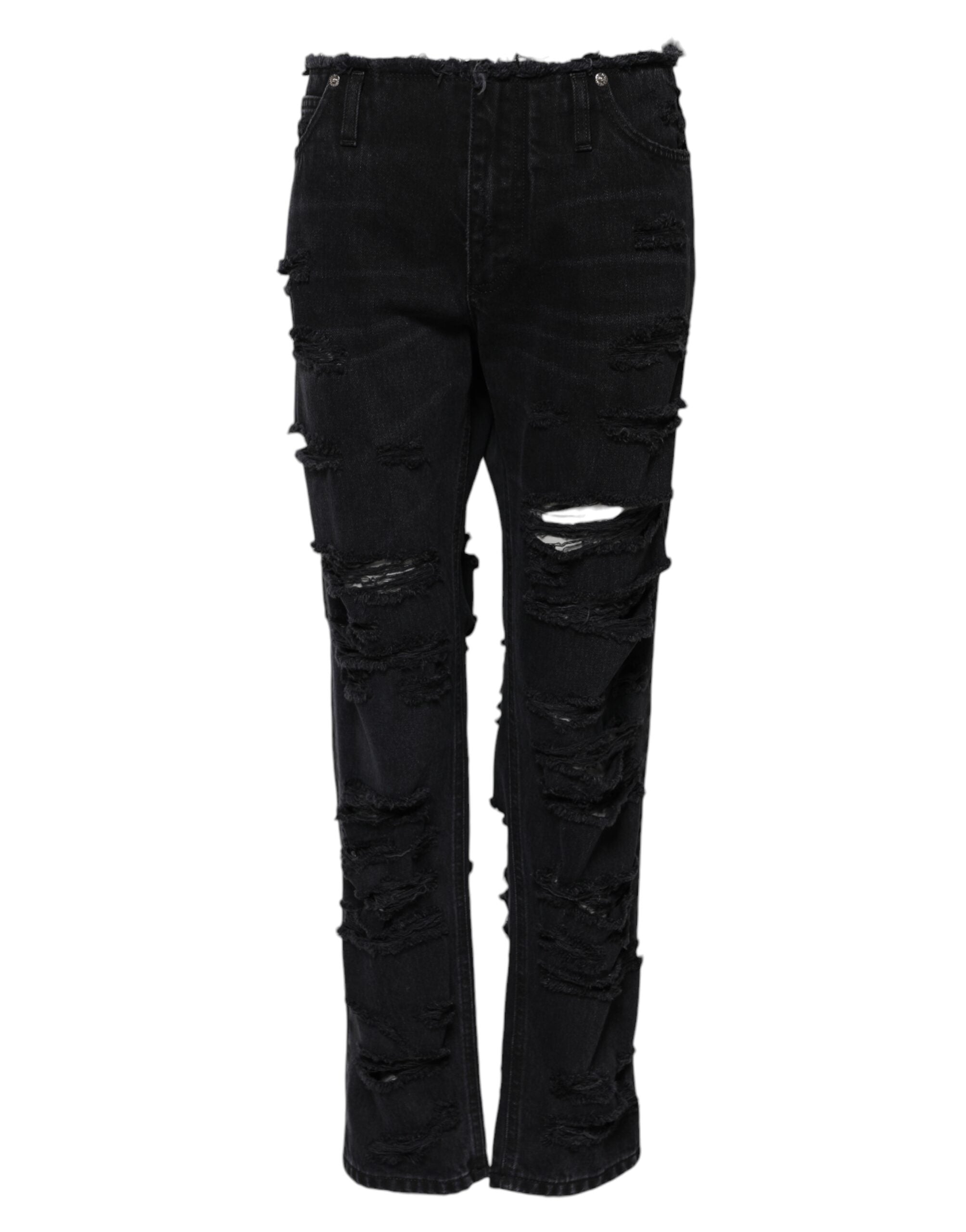 Tattered Cotton Denim Jeans — Black