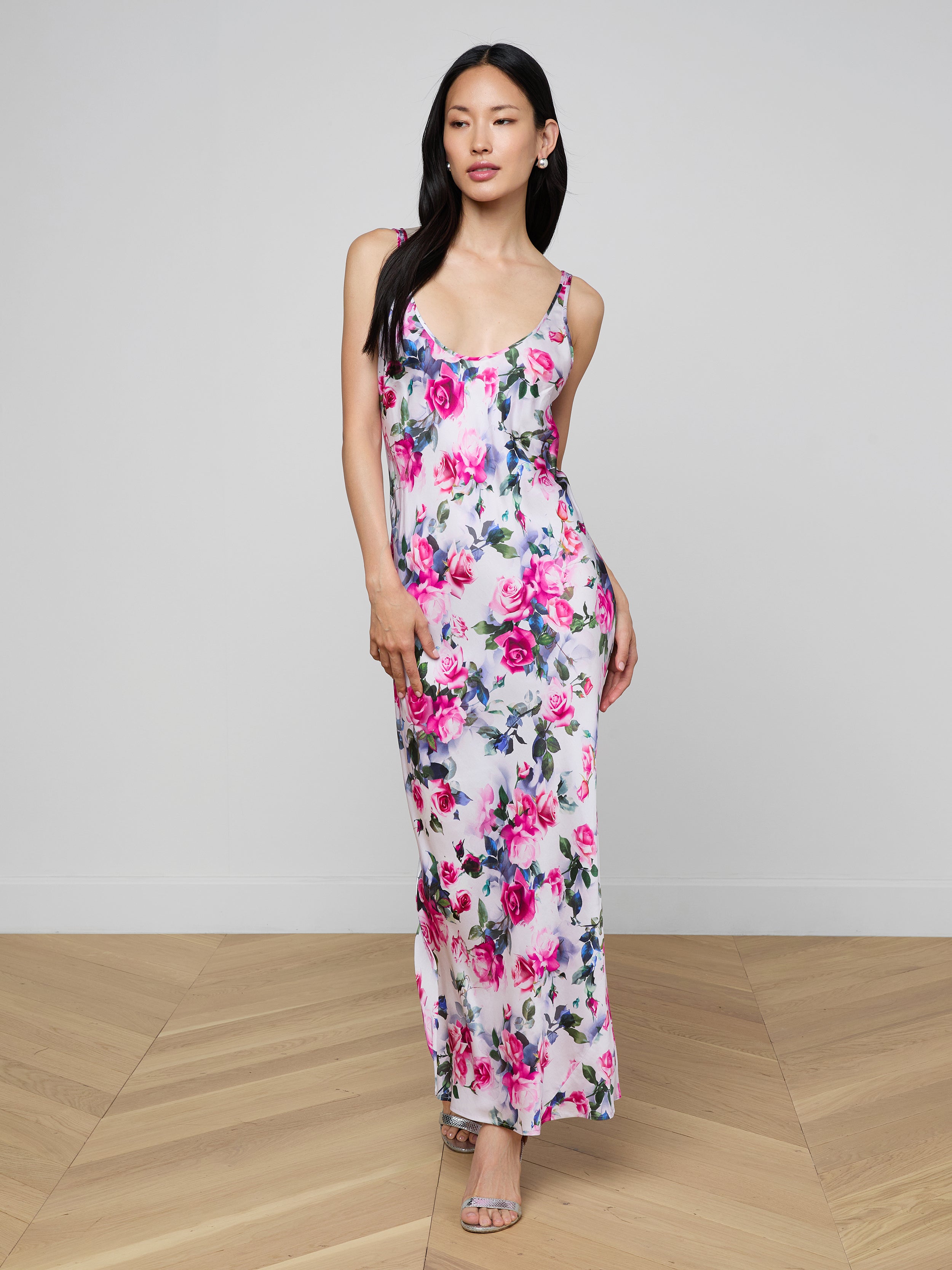 Akiya Satin Maxi Dress In Pink Multi Water Rose
