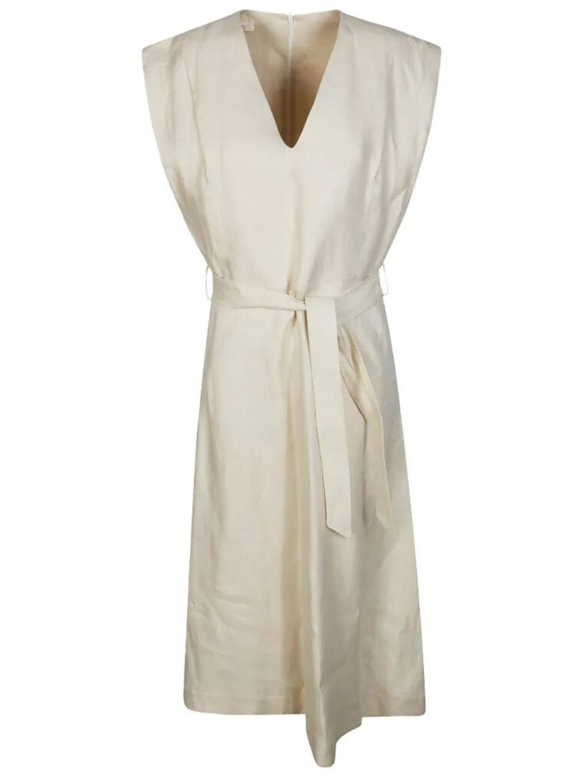 Beige V-Neck Tie Mini Dress