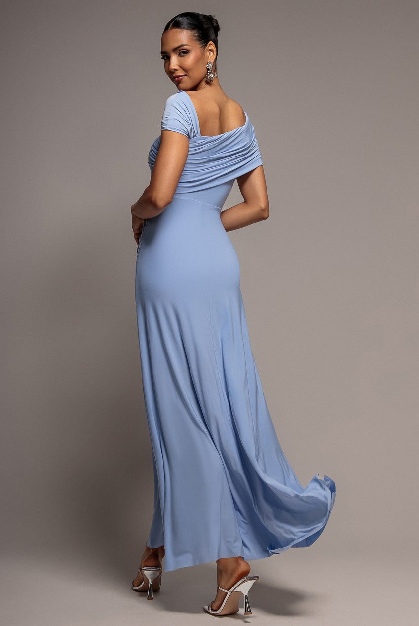 Goddiva Women's Asymmetric Neck Gathered Waist Maxi Dress in Blue