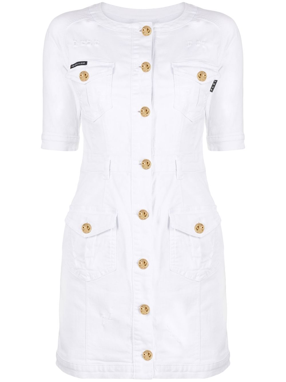 Embossed-button detail denim dress - White