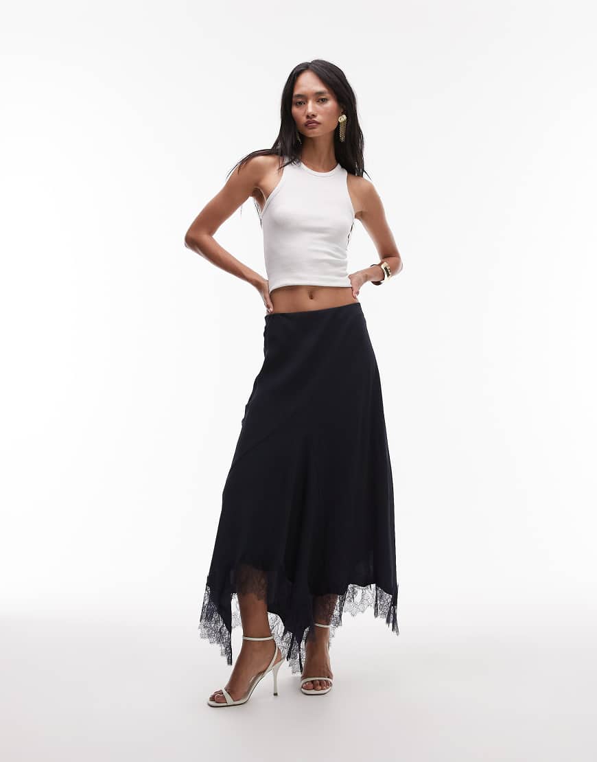 & satin maxi skirt with asymmetric lace trim hem in blue-Navy