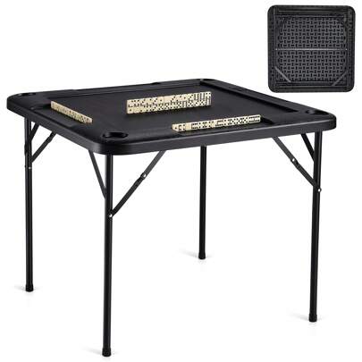 Mahjong Table Square 4 Player Folding Card Table With 4 Cup Holders & 4 Chip Trays Portable Domino Game Table With 1 Set Of Dominoes For Mahjong Poke