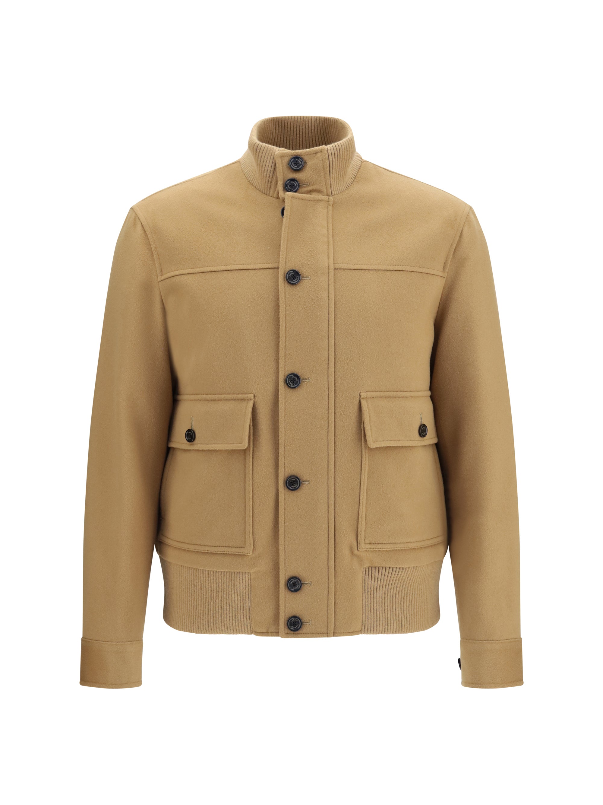 Merino Wool Blend with Ribbed Trims Jacket — Beige