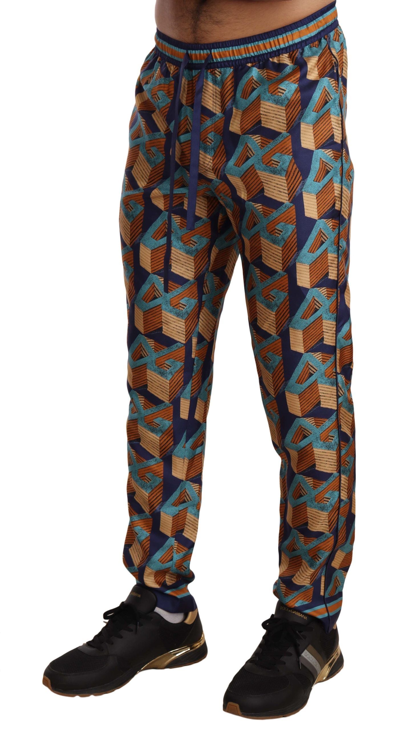 Geometric-Patterned Silk Joggers — Multicolor