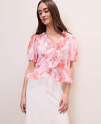 Ann Taylor Floral Ruffle Trim Blouse