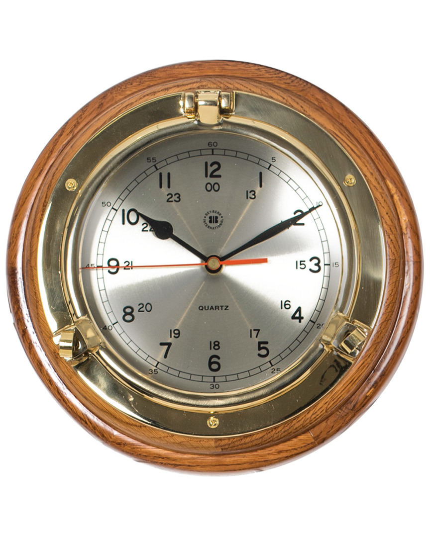 Lacquered Brass Porthole Quartz Clock on Oak Wood