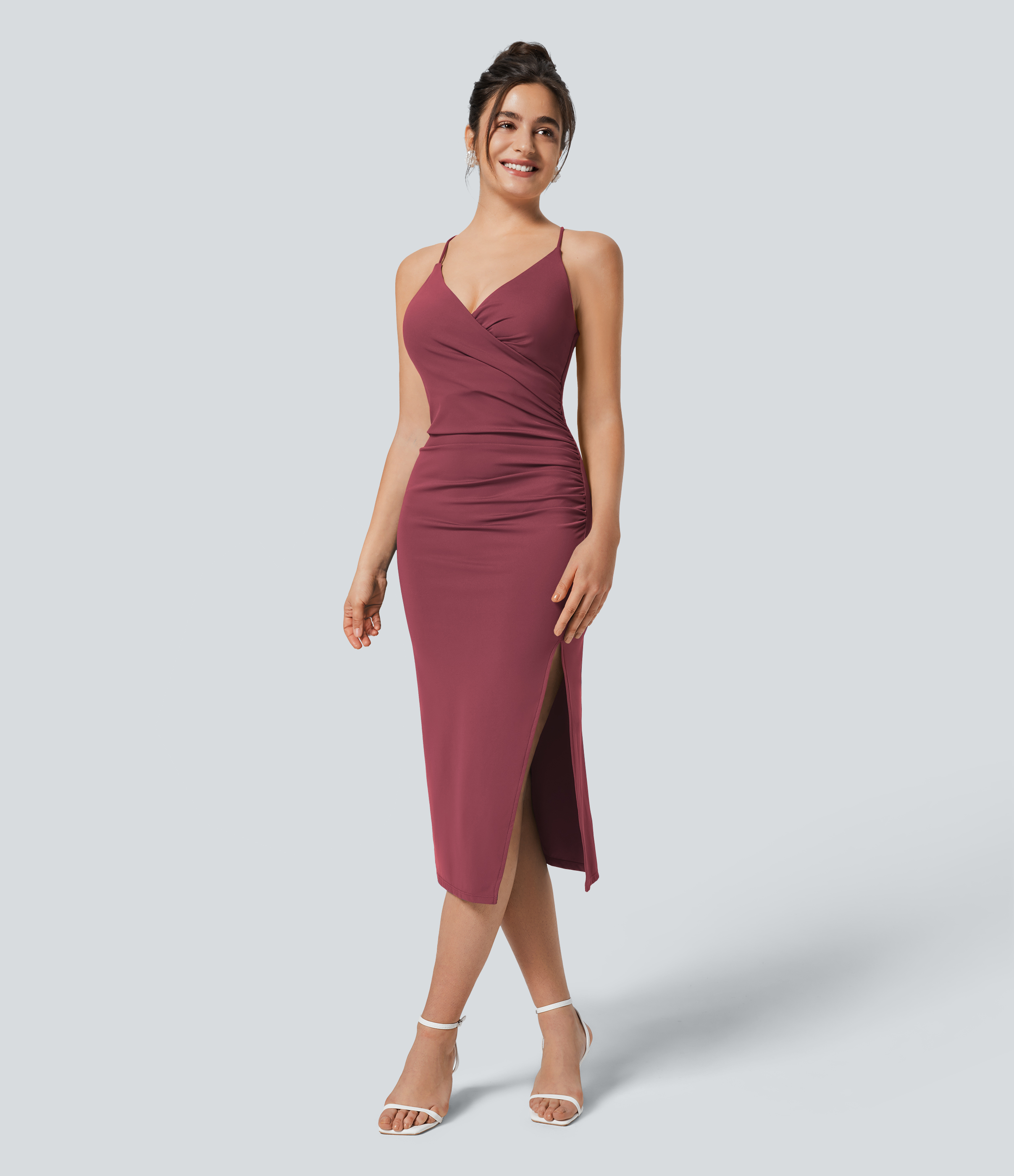 SoftlyZero™ Airy Crossover Ruched Lace Up Bodycon Cool Touch Dress-UPF50+ Casual Dress - Cordovan
