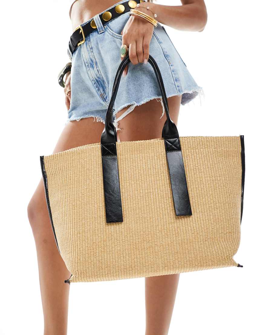 Stradivarius large raffia tote bag with contrast stitching in beige-Neutral