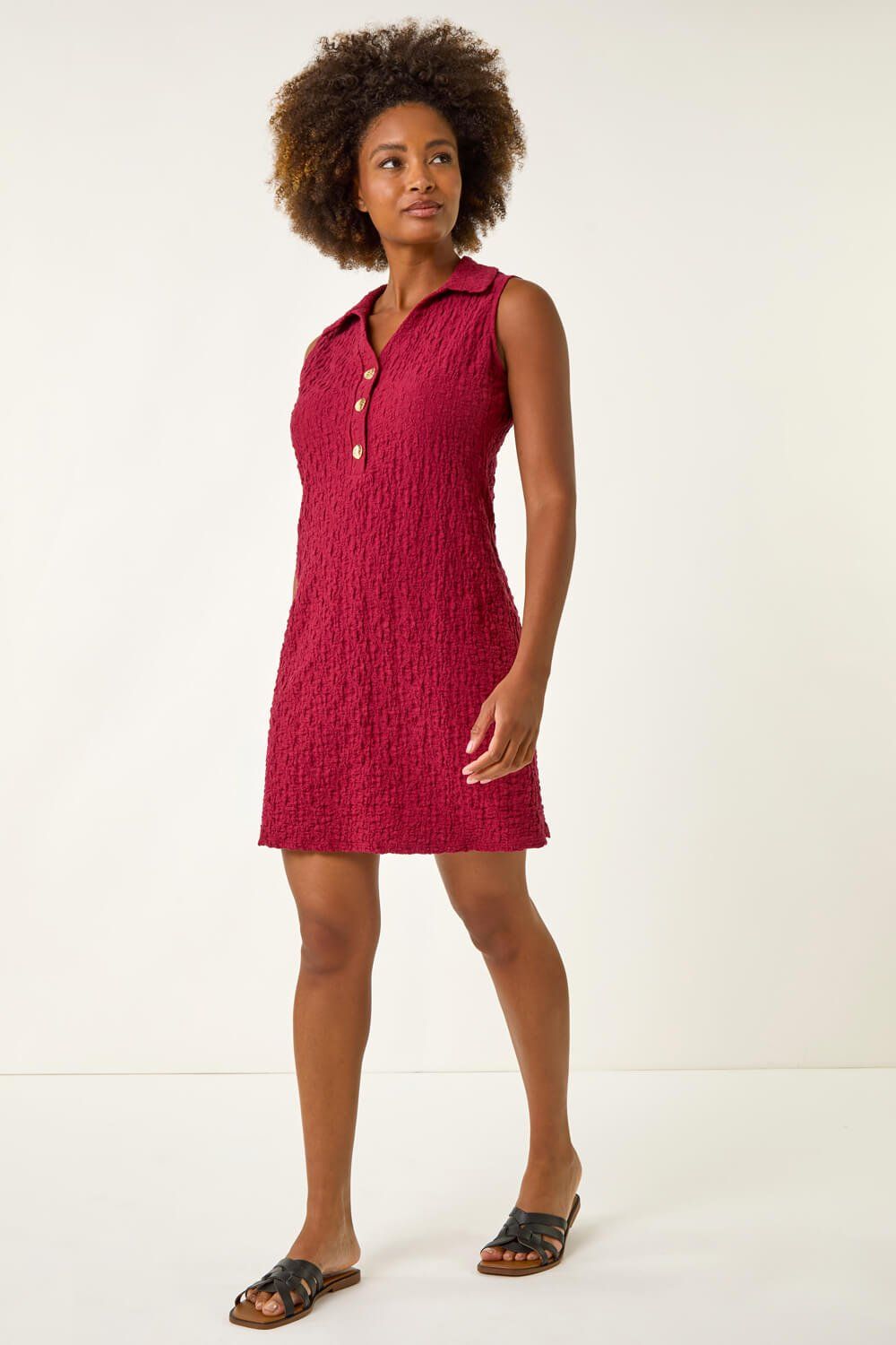 Roman Women's Crinkle Collared A-Line Stretch Dress in Wine