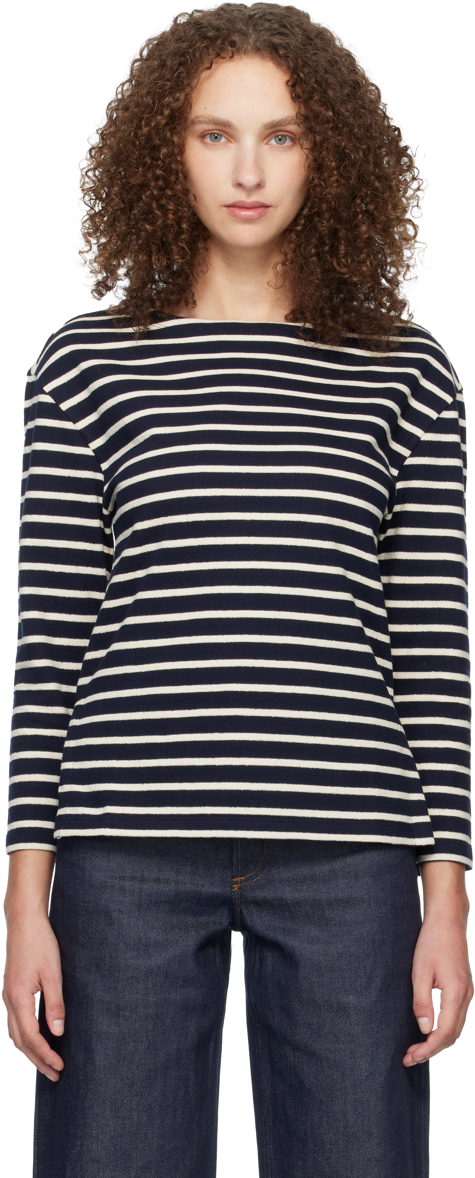 Navy Striped Three-Quarter Sleeve T-shirt