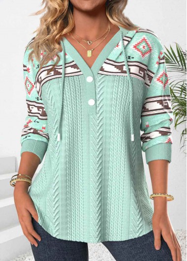 Modlily Green Patchwork Tribal Print Long Sleeve Hoodie