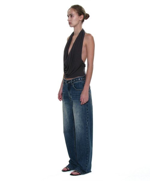 Metal Pointed Waist Jeans_Mid Blue