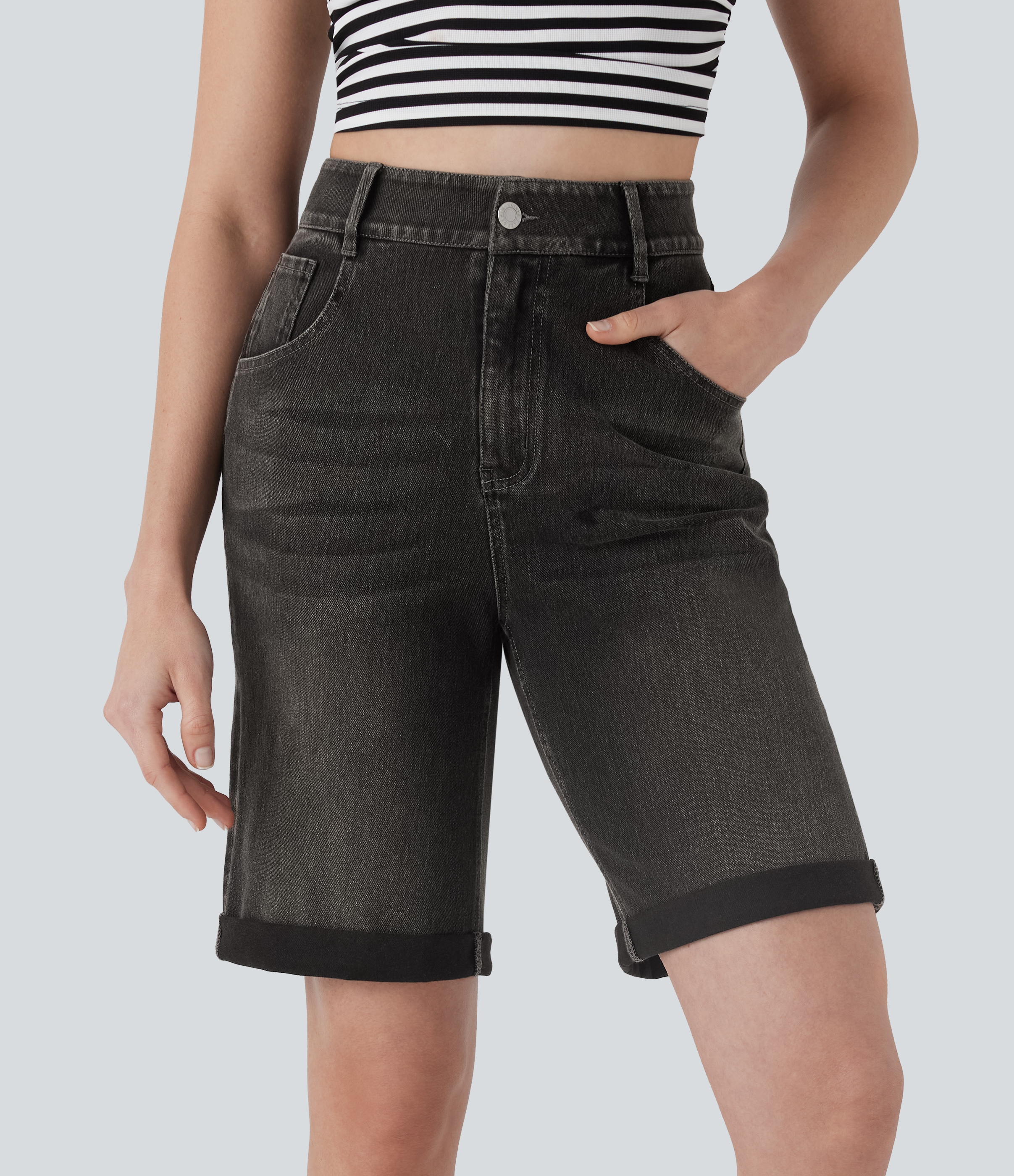 Flex™ High Waisted Pockets Rolled Hem Washed Denim Casual Bermuda Shorts  - Phantom Denim