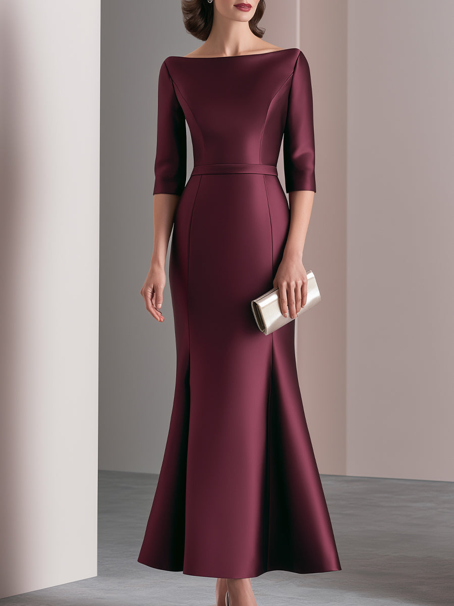 Bateau Neck Structured Satin Mermaid Evening Gown - Burgundy