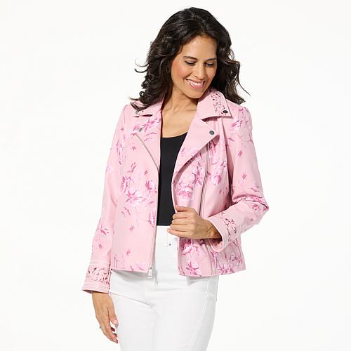Colleen Lopez Embroidered Faux Leather and Print Moto Jacket - Red