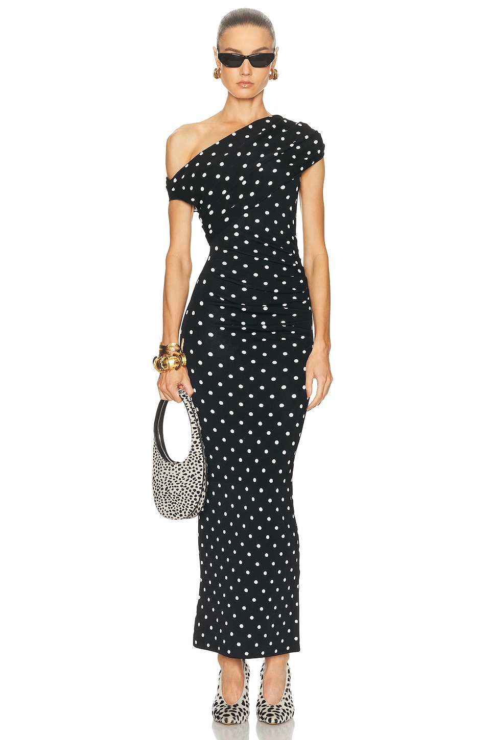 Self-portrait Polka Dot Draped Midi Dress in Black & White - Black. L also in