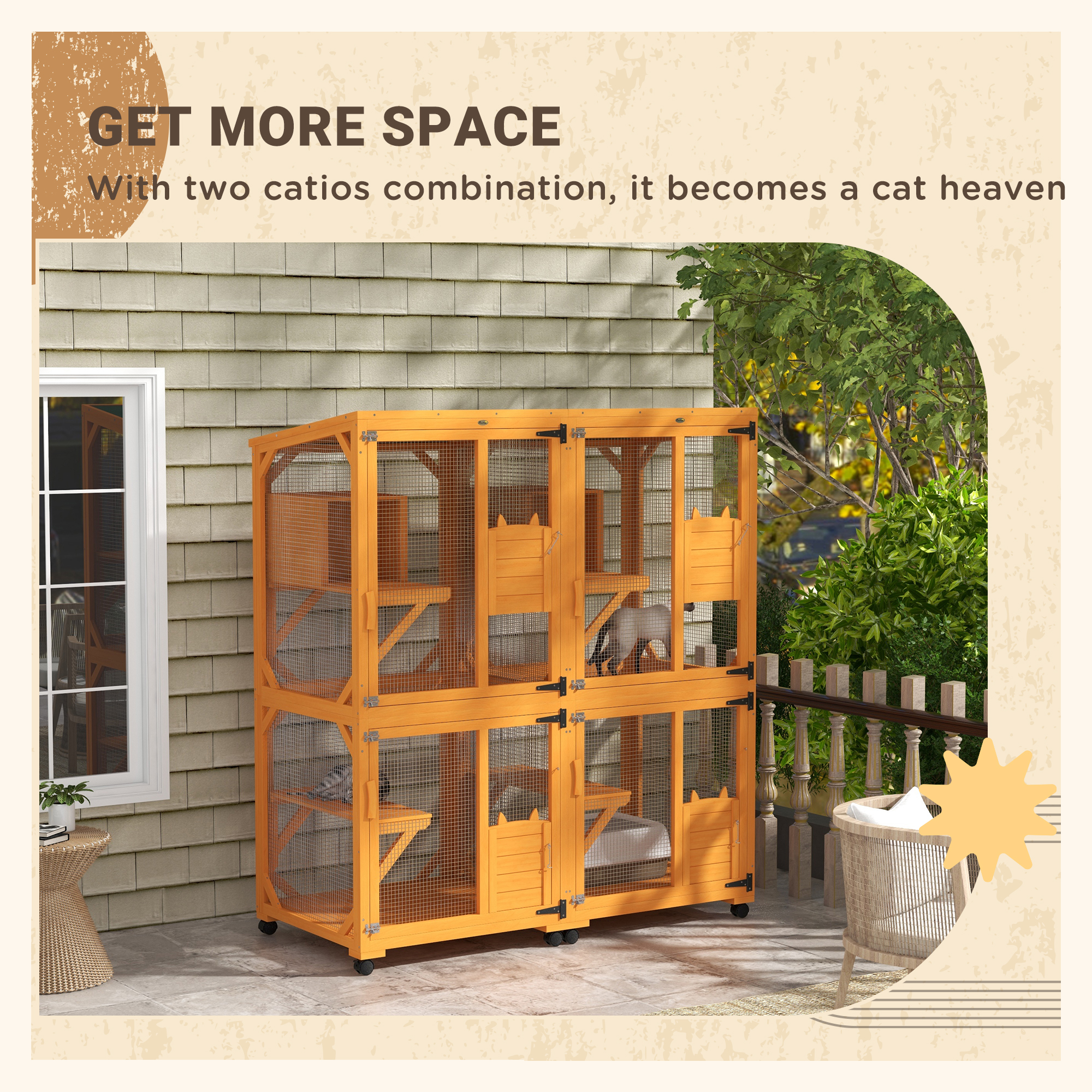 PawHut Catio Outdoor, Elevated Design, with Wheels, Resting Box, Water-Resistant, Multi Platforms, Orange | Aosom Canada