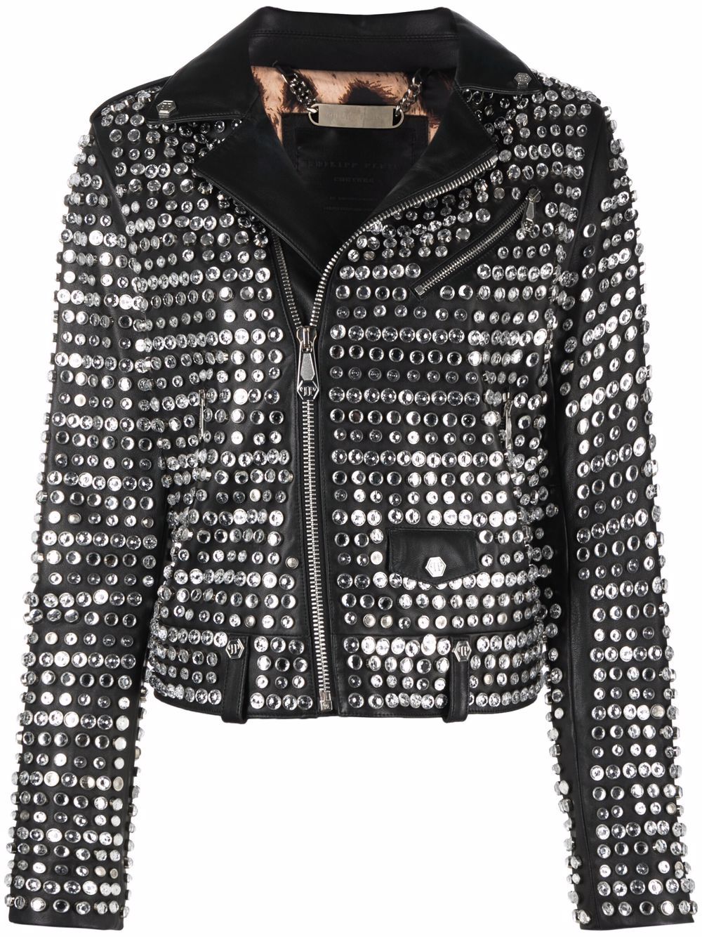 Crystal-embellished leather jacket - Black