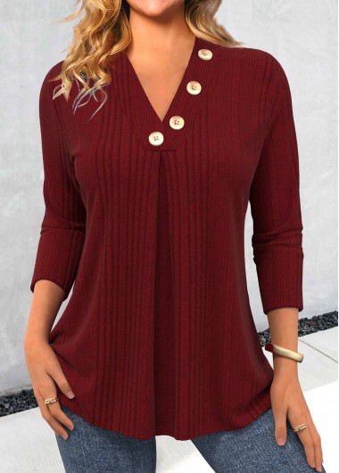 Modlily Sage Green Button Long Sleeve V Neck T Shirt