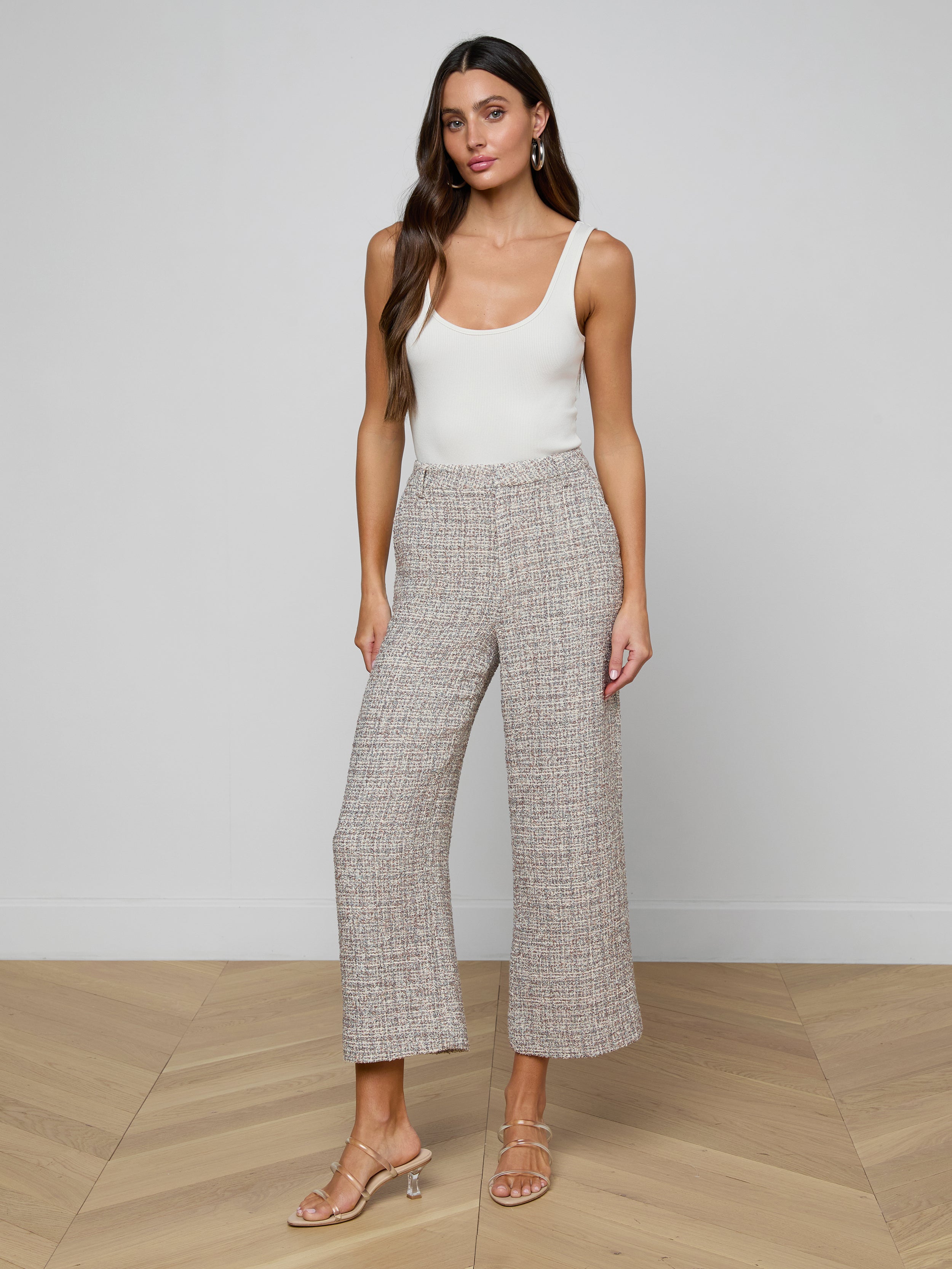 Lula Cropped Tweed Trouser In Dusty Blue Multi Tweed