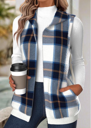 Modlily Navy Tummy Coverage Plaid Sleeveless Turn Down Collar Waistcoat