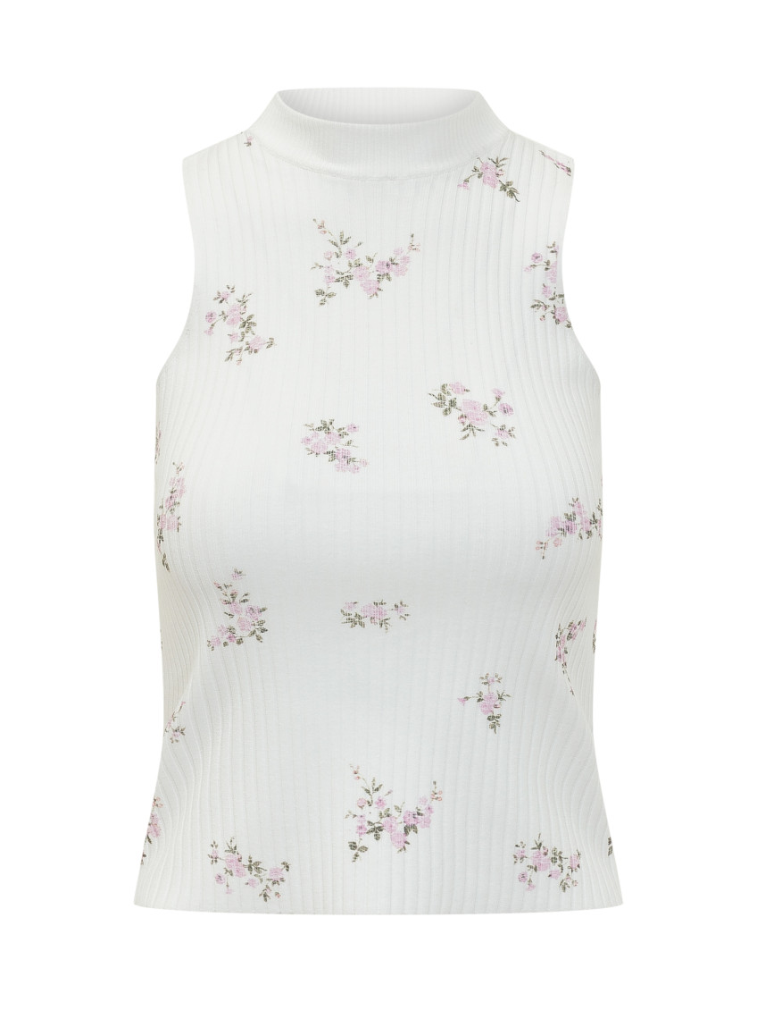 White Floral Mock Collar Top