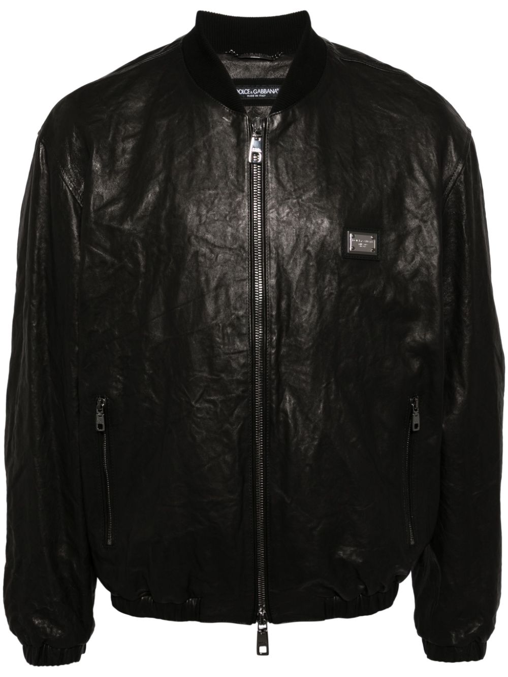 Crinkled leather bomber jacket - Black