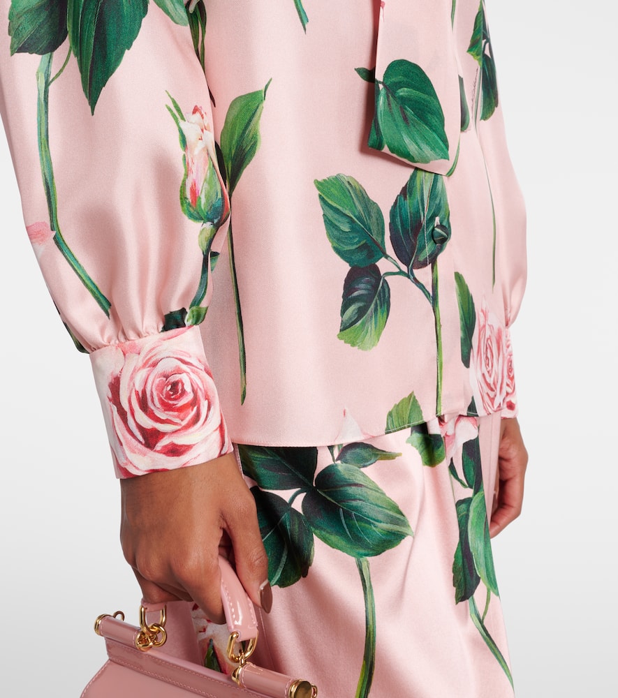 Floral tie-neck silk satin blouse