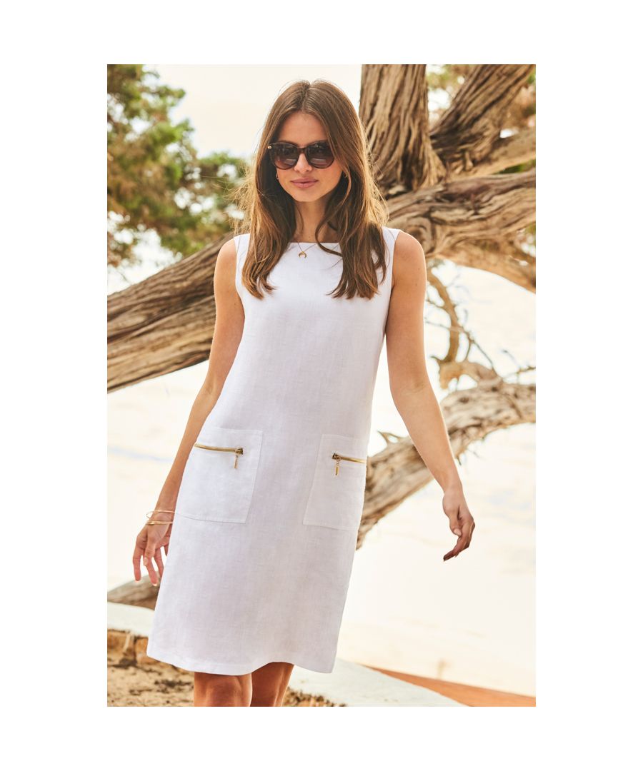Sosandar Womens White Linen Shift Dress With Gold Zip Pockets Denim - 20 Short