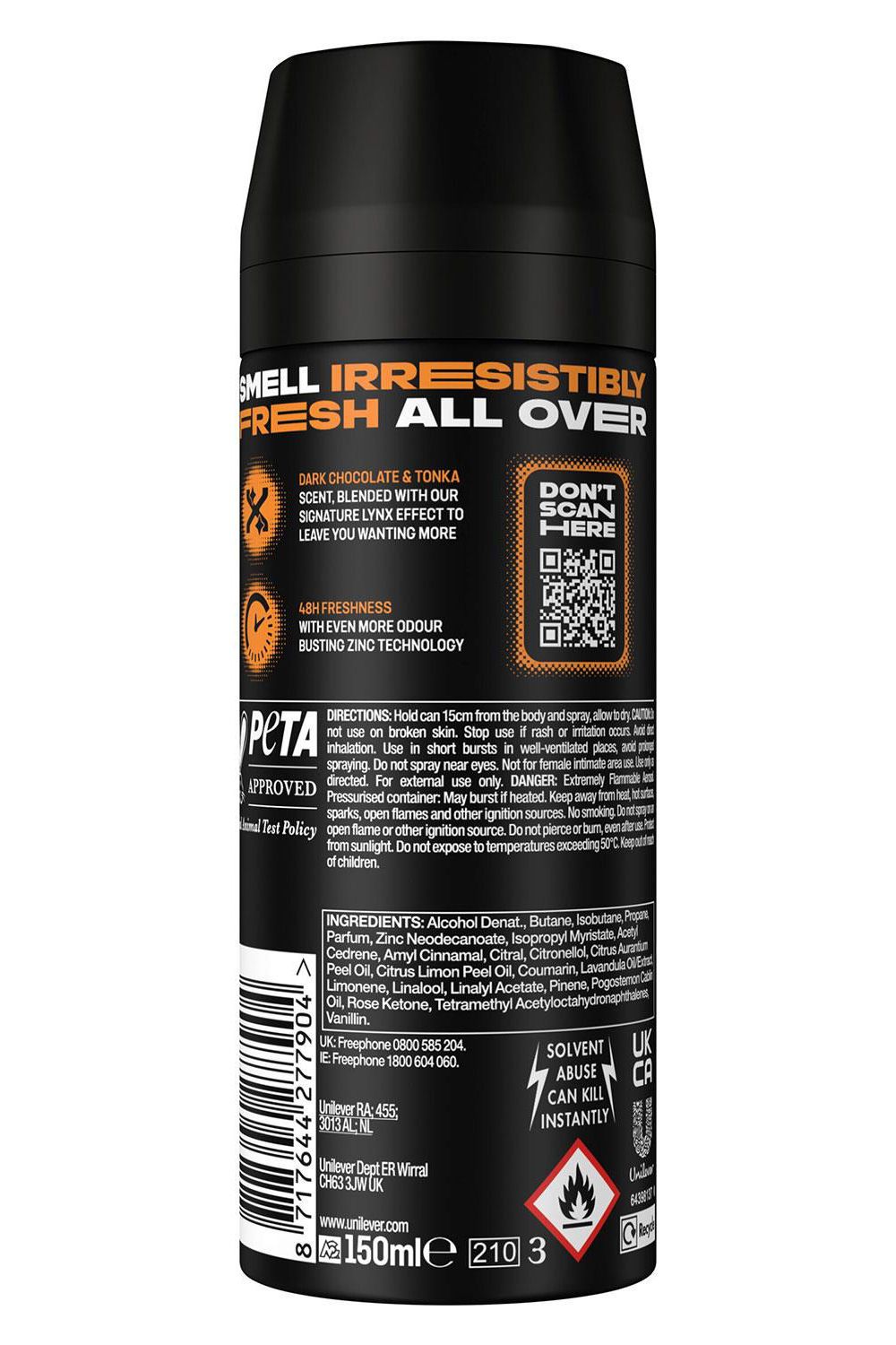 Lynx Body Spray Dark Temptation 48-H High Definition Fragrance Deo, 150Ml In Black