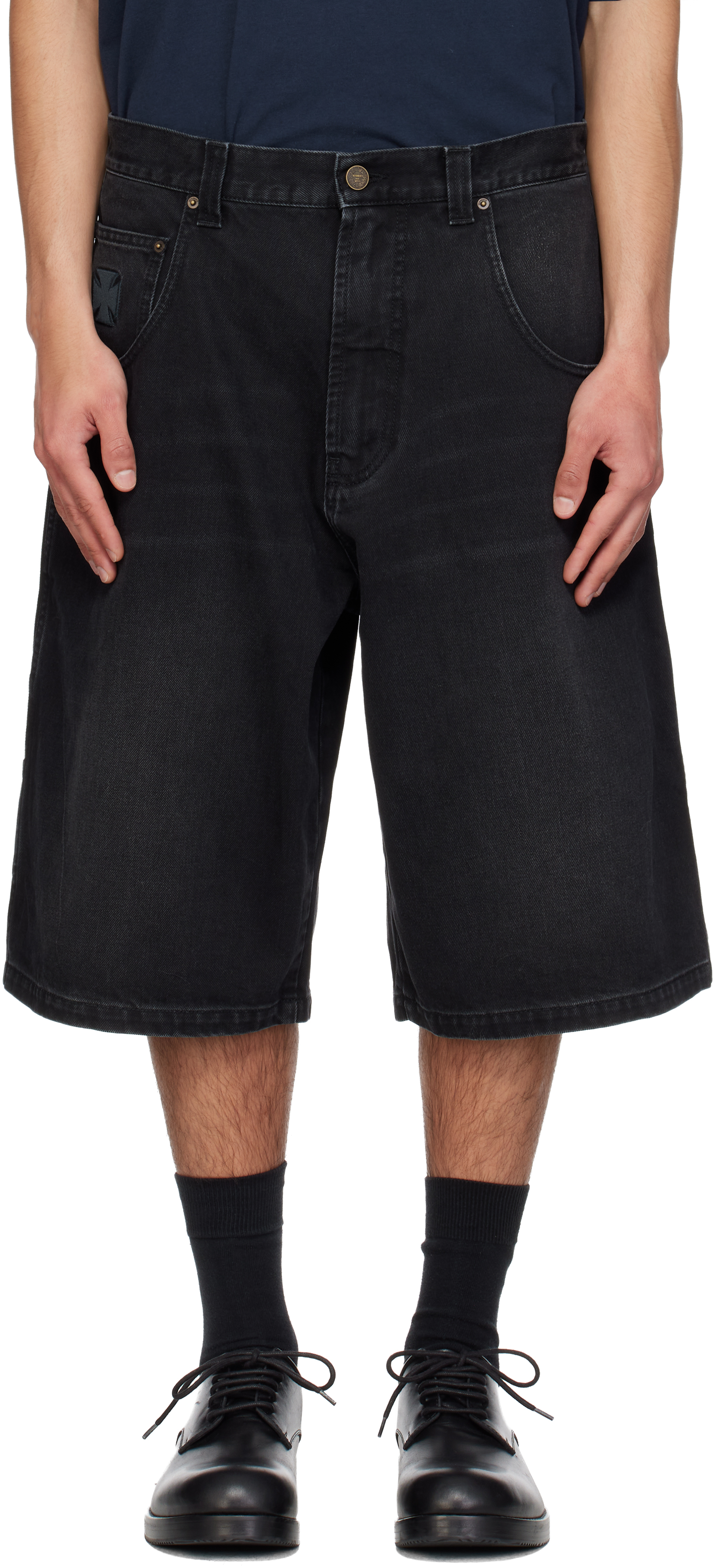Black Appliqué Biker Cross Hip-Hop Denim Shorts