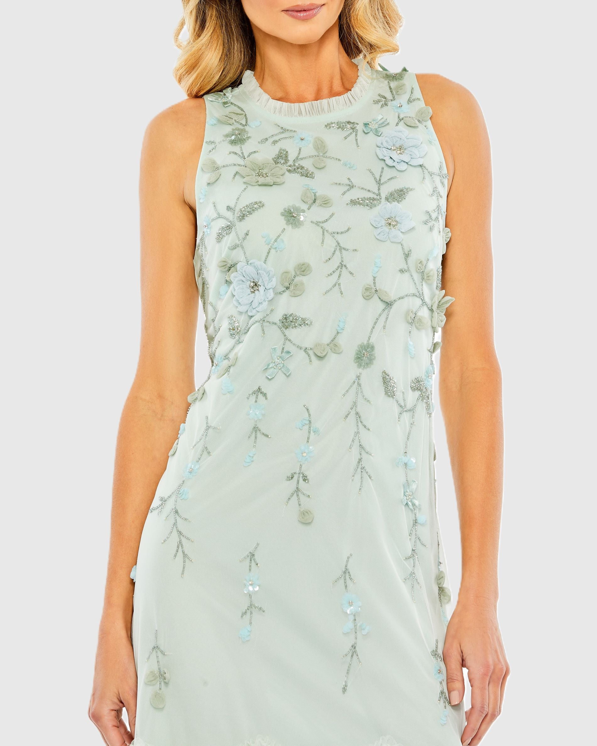 Floral Embellished Ruffle Tiered High Neck Dress In Light Green