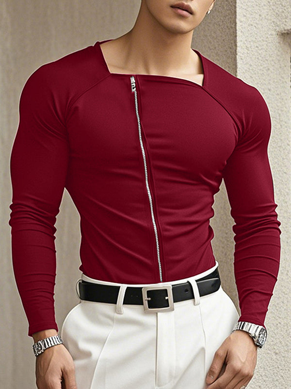 Mens Zipper Knit Long Sleeve T-Shirt SKUK96904 - Red / S