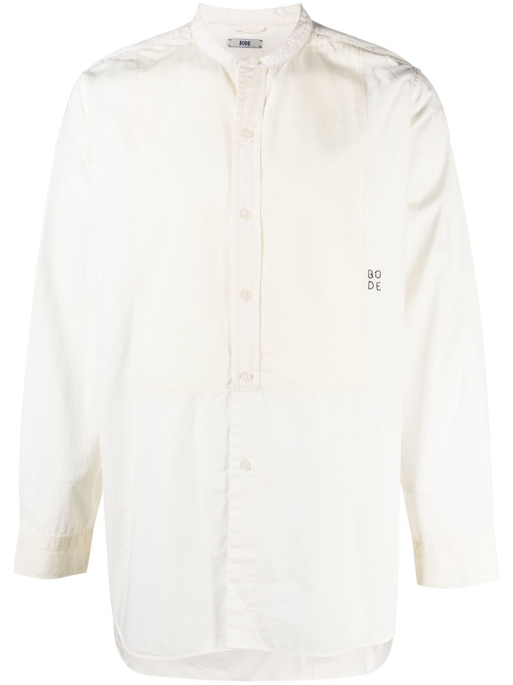 Logo-embroidered collarless shirt - Neutrals