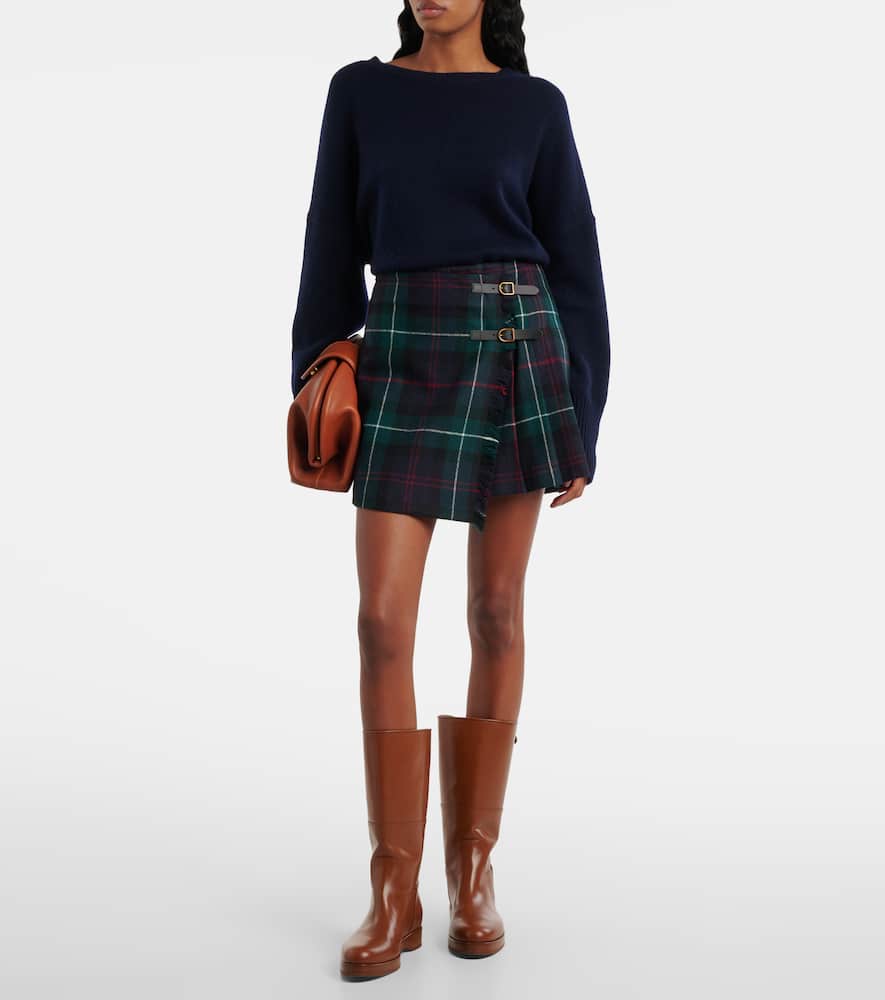 Plaid pleated wool twill wrap Skirt