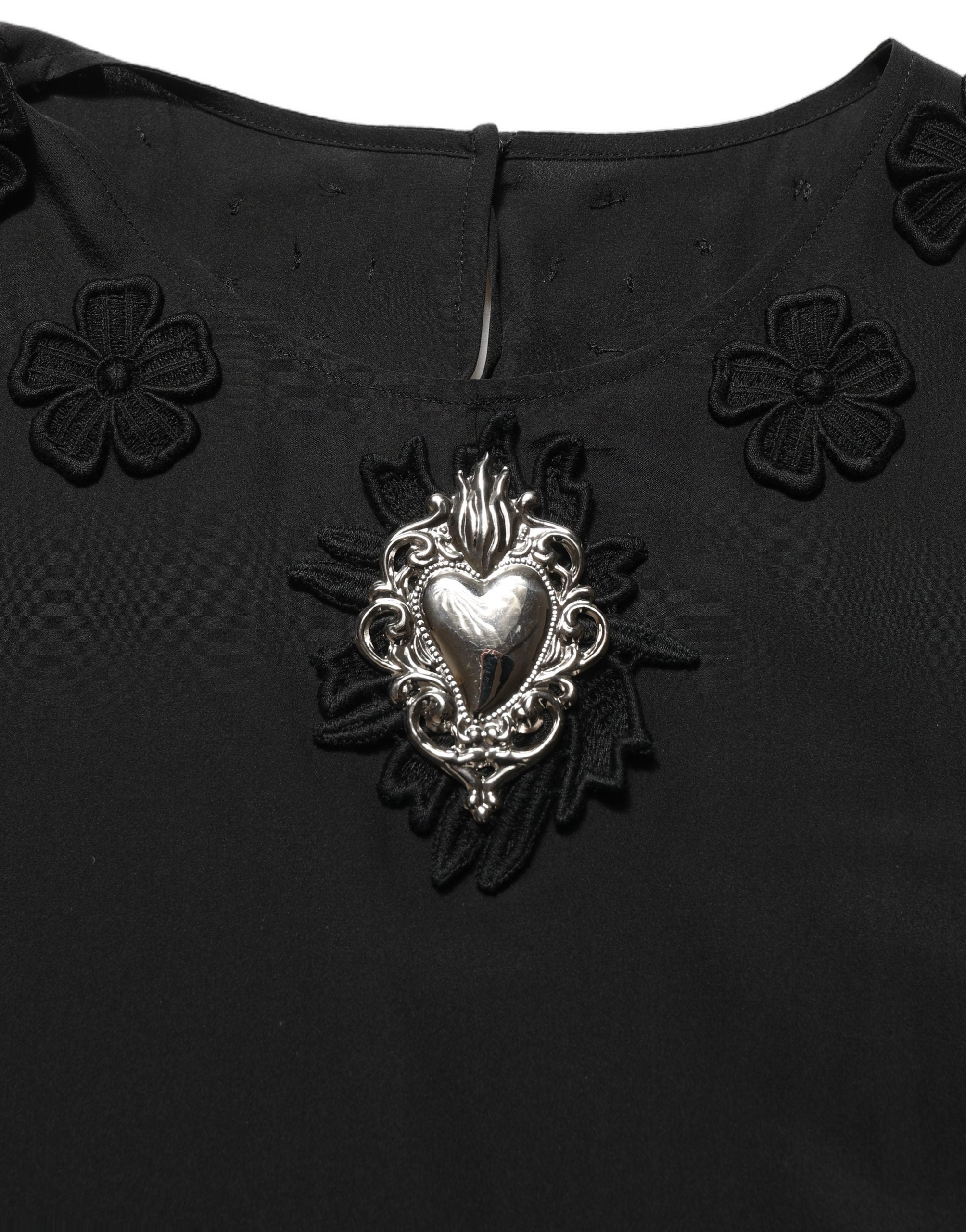 Floral Silk Heart Appliqué Blouse — Black