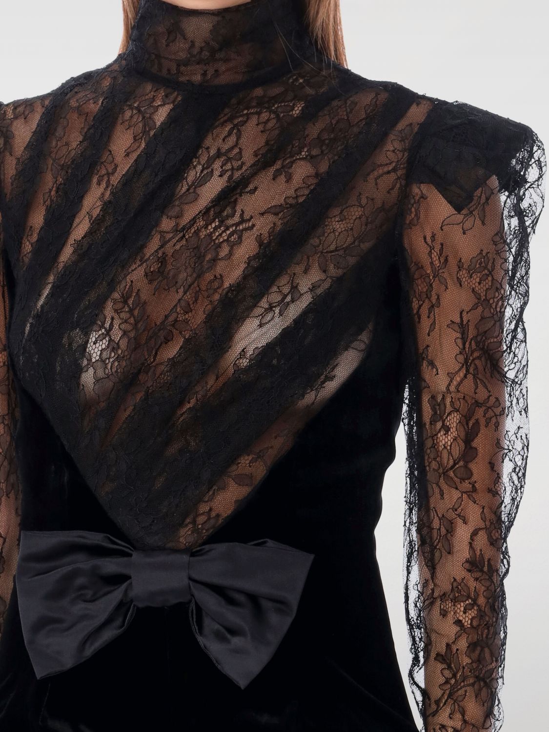 Lace-panels velvet mini dress - Black