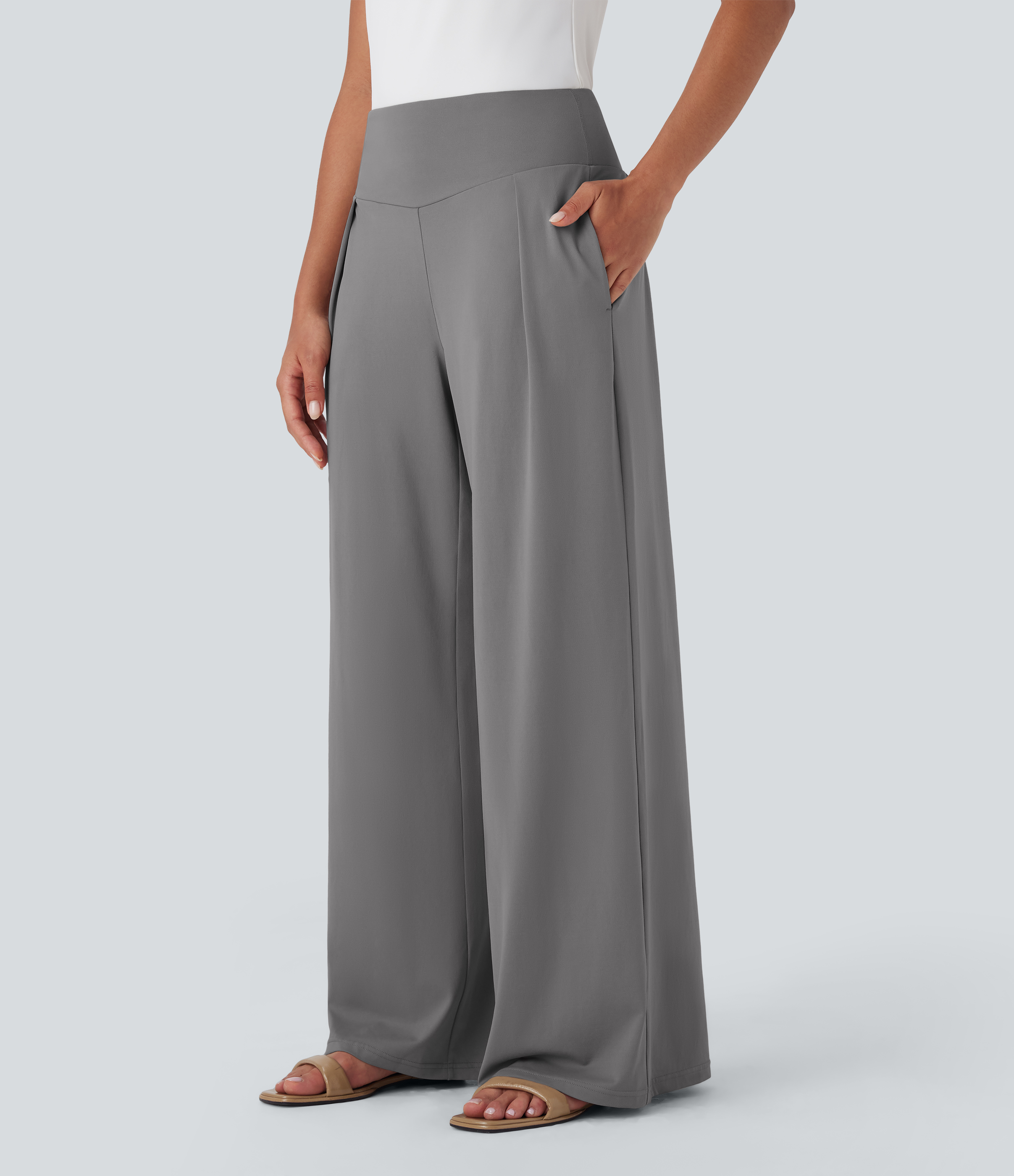 Halara High Waisted Wide Leg Casual Trousers with Pockets - December Sky - XLregular
